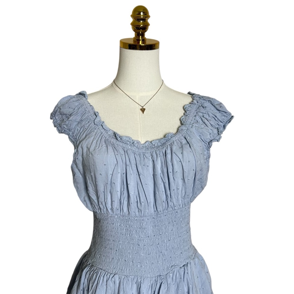 Princess Polly Light Blue Swiss Dot Smocked Tiered Ruffle Mini Dress‎ Womens 10 - Picture 2 of 7